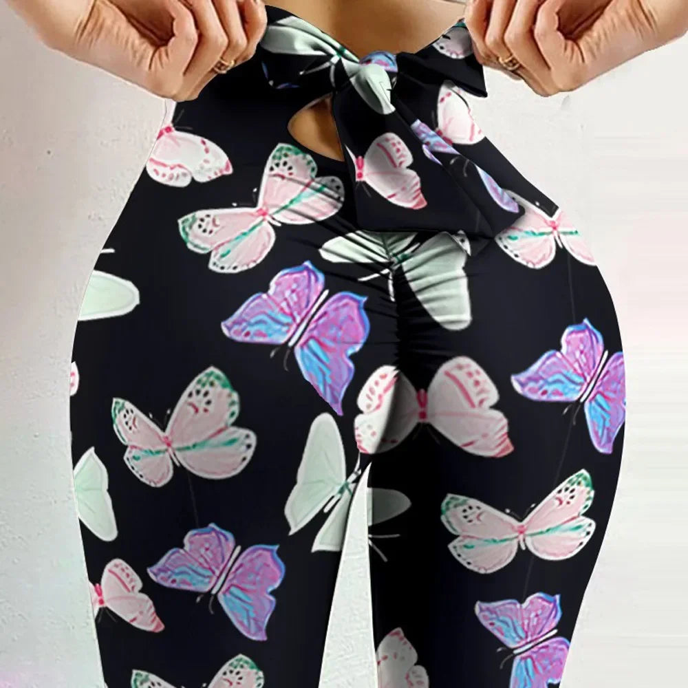 High Waist Butterfly Print Bowknot Yoga Leggings by HitMyNeed
