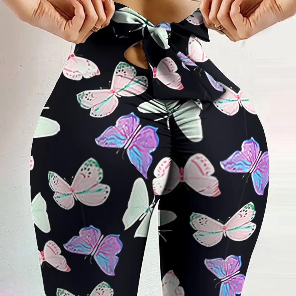 High Waist Butterfly Print Bowknot Yoga Leggings purple s by HitMyNeed