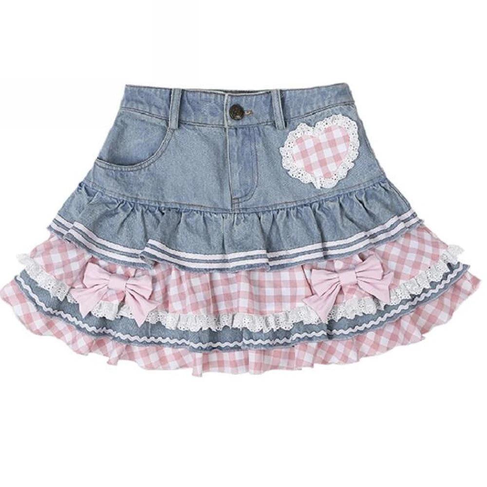 High Waist Lace Denim Skater Mini Skirt 2 xxl by HitMyNeed