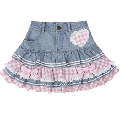 High Waist Lace Denim Skater Mini Skirt 2 xxl by HitMyNeed