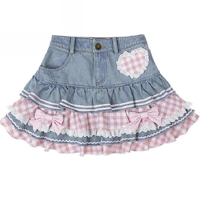 High Waist Lace Denim Skater Mini Skirt by HitMyNeed
