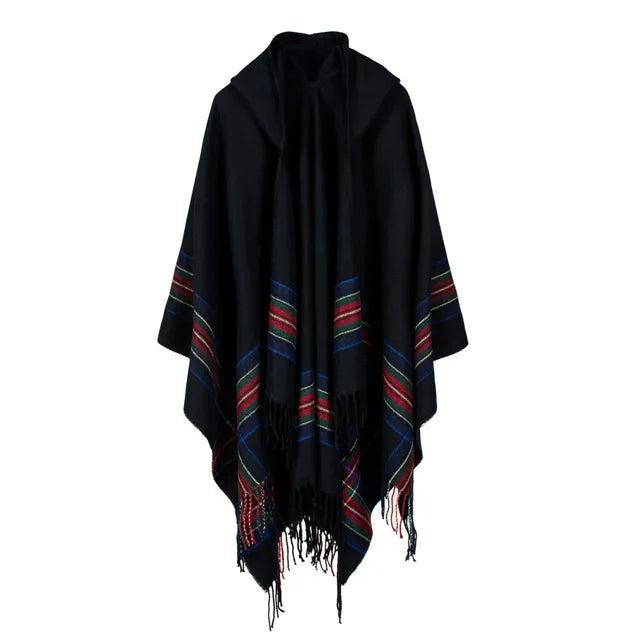Hooded Striped Knit Poncho Shawl black by HitMyNeed