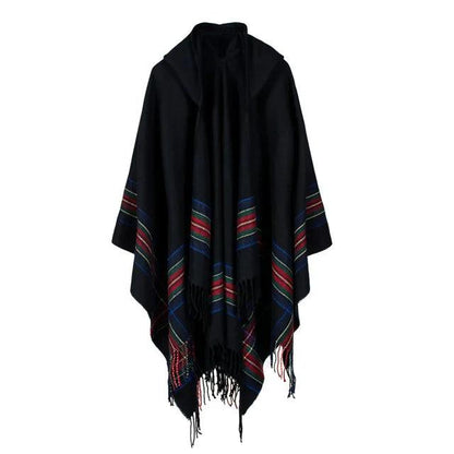 Hooded Striped Knit Poncho Shawl black by HitMyNeed