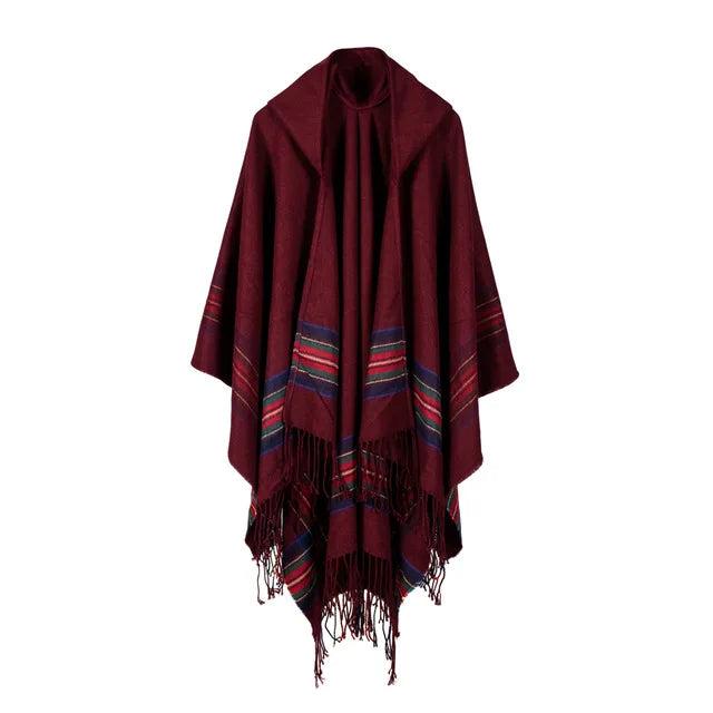Hooded Striped Knit Poncho Shawl burgundy by HitMyNeed