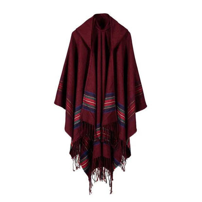Hooded Striped Knit Poncho Shawl burgundy by HitMyNeed