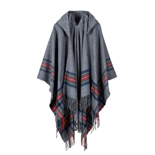 Hooded Striped Knit Poncho Shawl gray by HitMyNeed