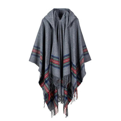 Hooded Striped Knit Poncho Shawl gray by HitMyNeed