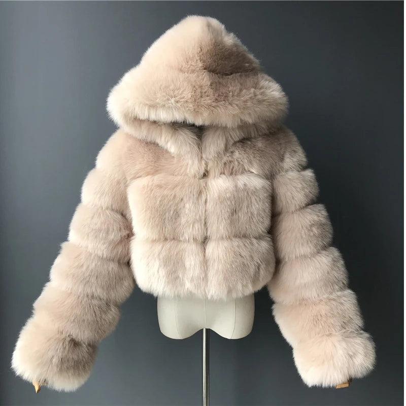 Hooded Women's Cropped Faux Fur Jacket beige-camel s by HitMyNeed