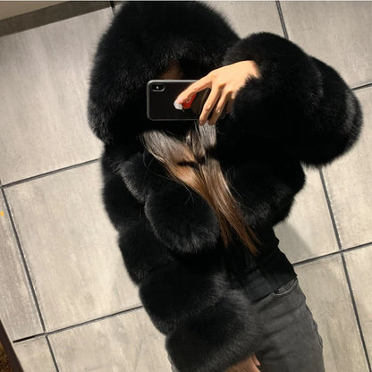 Hooded Women's Cropped Faux Fur Jacket black xxxl by HitMyNeed