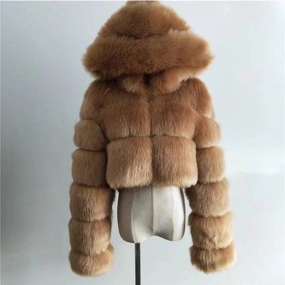 Hooded Women's Cropped Faux Fur Jacket brown s by HitMyNeed