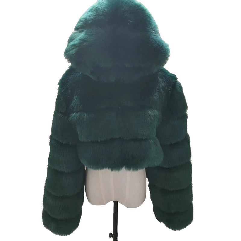 Hooded Women's Cropped Faux Fur Jacket dark-green s by HitMyNeed