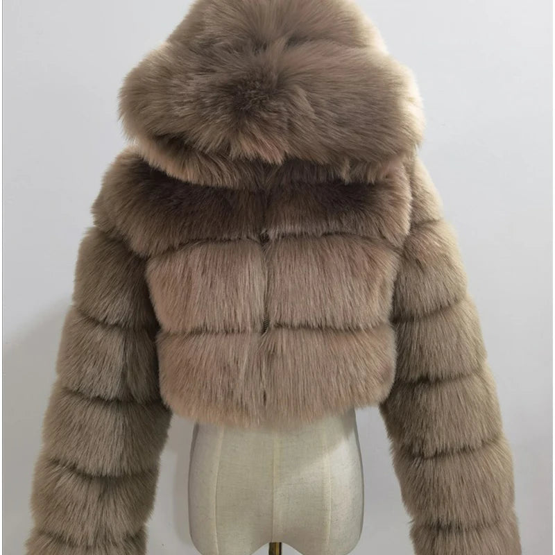 Hooded Women's Cropped Faux Fur Jacket khaki xs by HitMyNeed