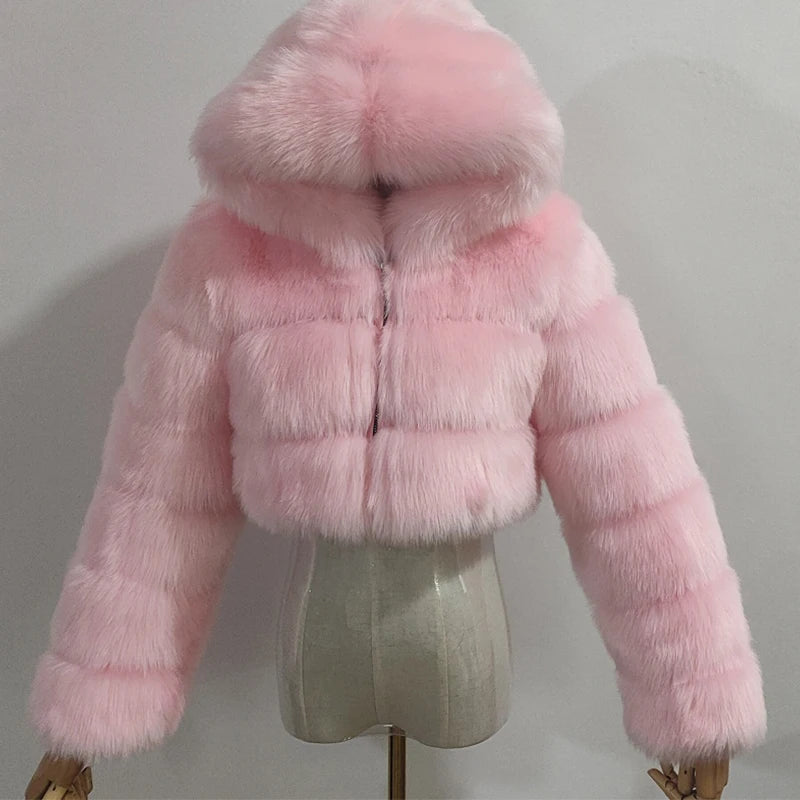 Hooded Women's Cropped Faux Fur Jacket light-pink s by HitMyNeed