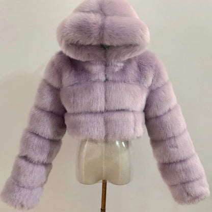 Hooded Women's Cropped Faux Fur Jacket light-purple xs by HitMyNeed
