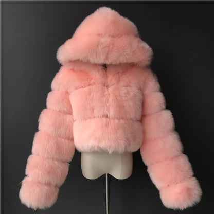 Hooded Women's Cropped Faux Fur Jacket pink s by HitMyNeed
