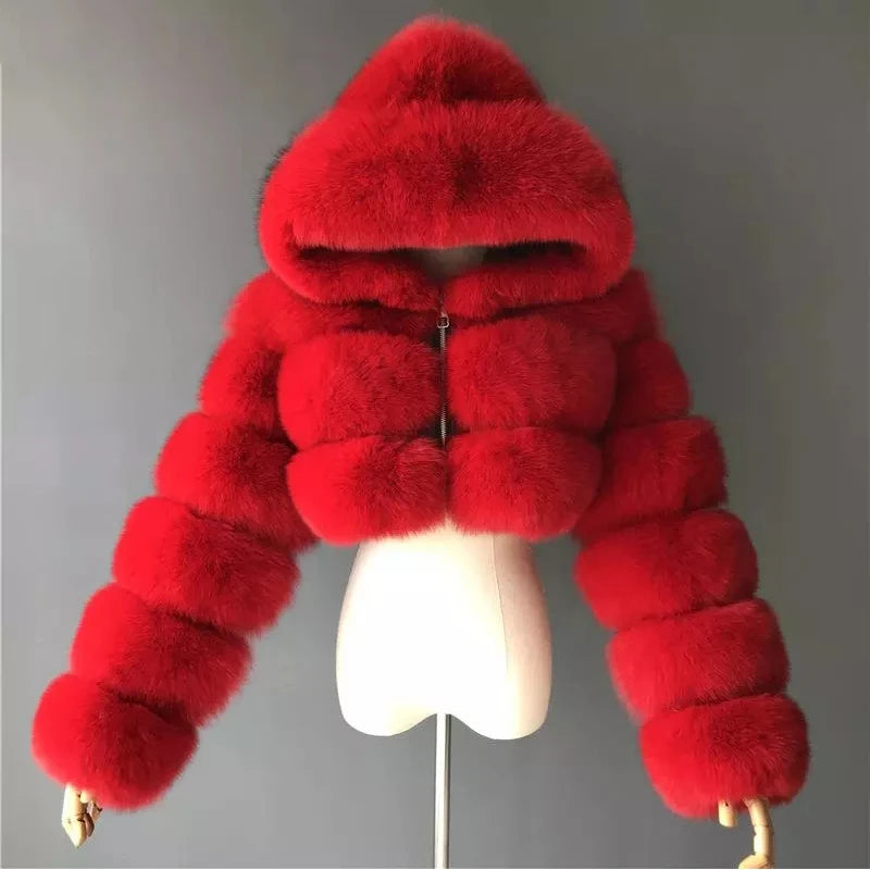 Hooded Women's Cropped Faux Fur Jacket red l by HitMyNeed