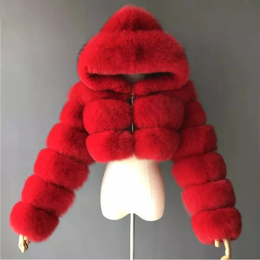 Hooded Women's Cropped Faux Fur Jacket red l by HitMyNeed