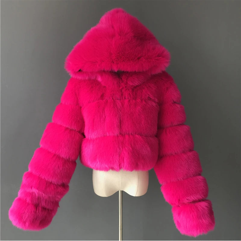 Hooded Women's Cropped Faux Fur Jacket rose l by HitMyNeed