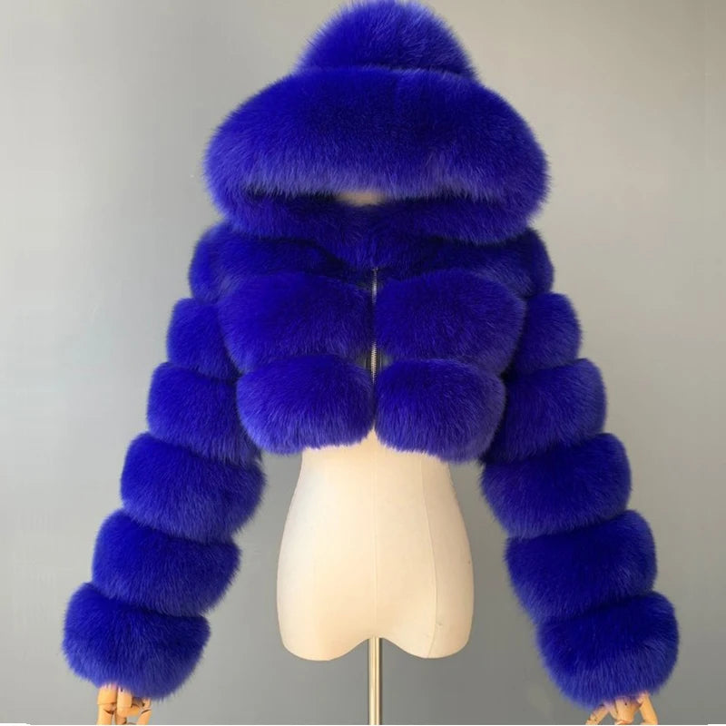 Hooded Women's Cropped Faux Fur Jacket royal-blue s by HitMyNeed