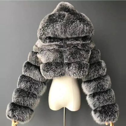Hooded Women's Cropped Faux Fur Jacket silver-fox xs by HitMyNeed