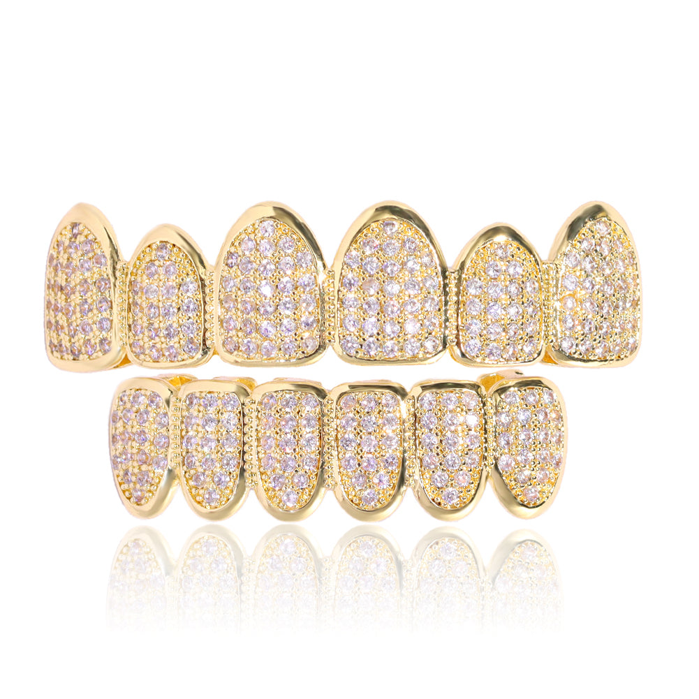 Iced Out CZ Teeth Grillz Set - Gold & Silver Tone gold-set by HitMyNeed