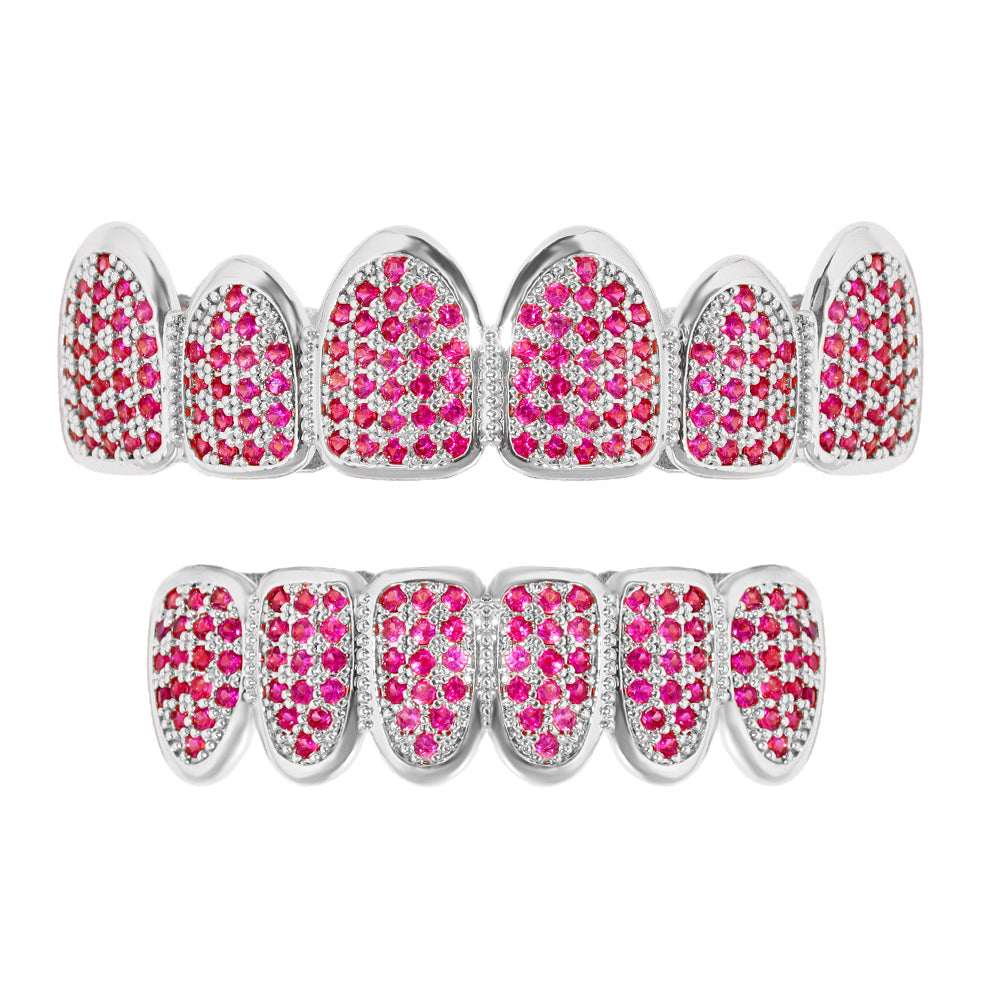 Iced Out CZ Teeth Grillz Set - Gold & Silver Tone silver-set-rr by HitMyNeed