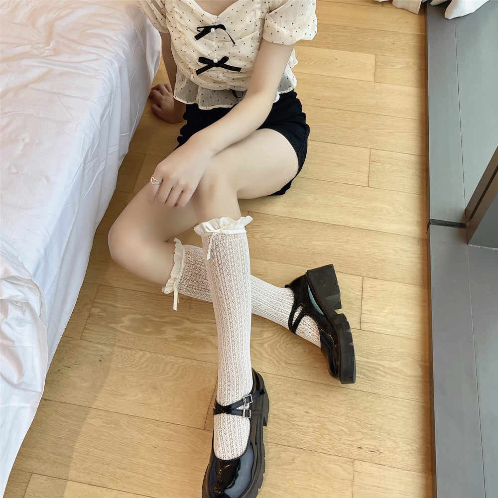 Japanese Retro Ruffle Knee High Lace Socks by HitMyNeed