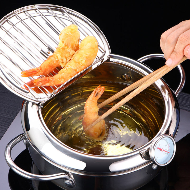 Japanese Stainless Steel Tempura Fryer Pot with Thermometer L - 24cm (3.2L) by HitMyNeed
