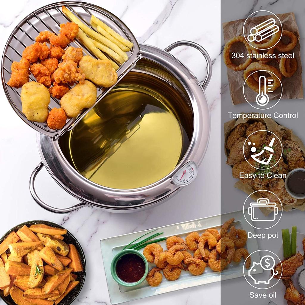 Japanese Stainless Steel Tempura Fryer Pot with Thermometer M - 20cm (2.2L) by HitMyNeed