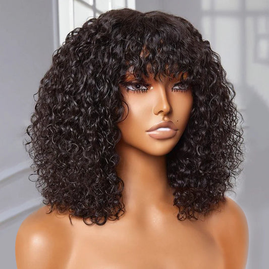 Jerry Curly Short Bob Human Hair Wig With Bangs 1b 16inches by HitMyNeed
