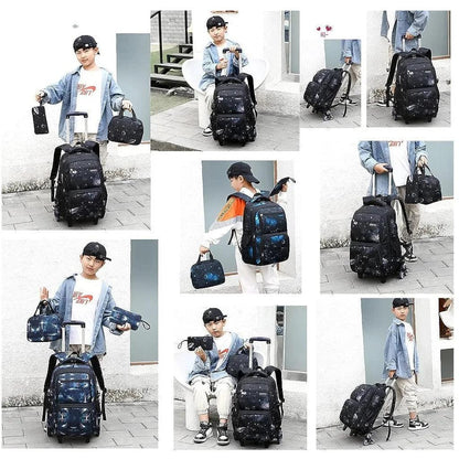 Kids Rolling School Backpack with 6-Wheel Trolley & Lunch Bag by HitMyNeed