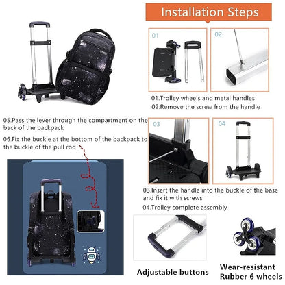 Kids Rolling School Backpack with 6-Wheel Trolley & Lunch Bag by HitMyNeed