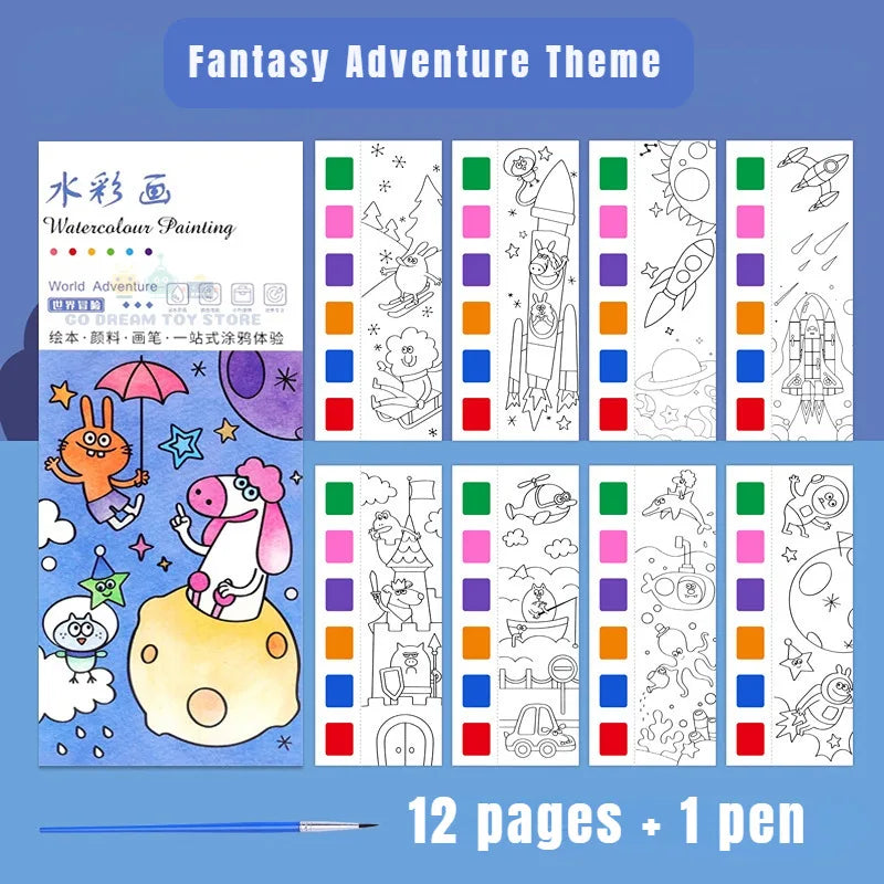 Kids Watercolour Painting Book with Brush, 12 Sheets fantasy-adventure by HitMyNeed