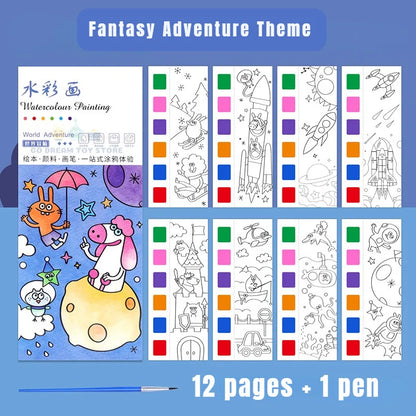 Kids Watercolour Painting Book with Brush, 12 Sheets fantasy-adventure by HitMyNeed