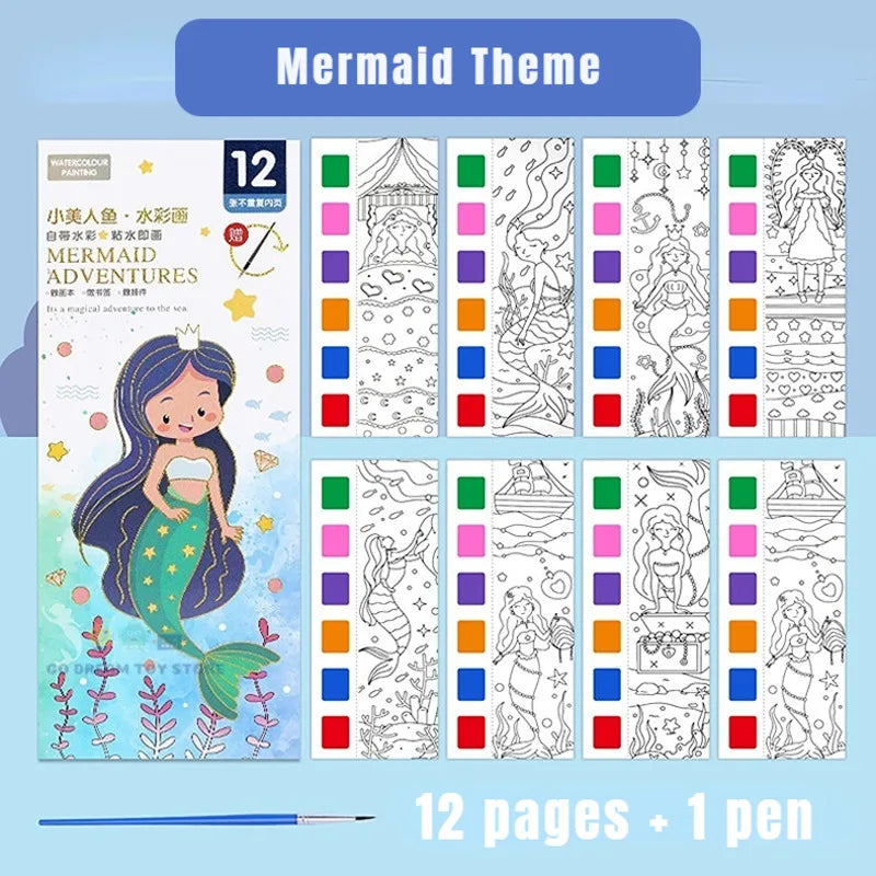 Kids Watercolour Painting Book with Brush, 12 Sheets mermaid by HitMyNeed