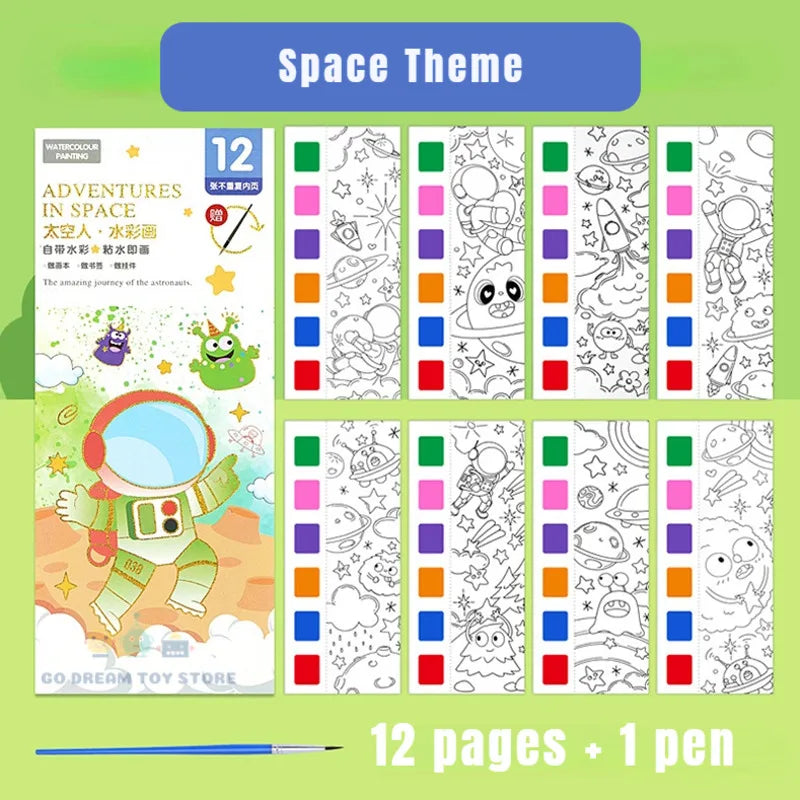 Kids Watercolour Painting Book with Brush, 12 Sheets space by HitMyNeed