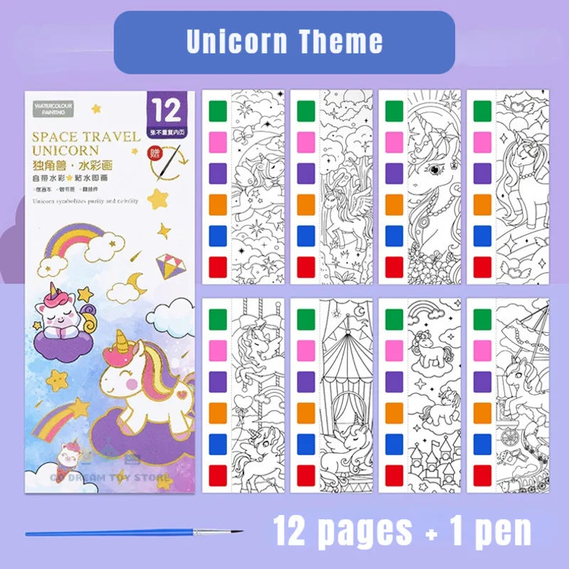 Kids Watercolour Painting Book with Brush, 12 Sheets unicorn by HitMyNeed