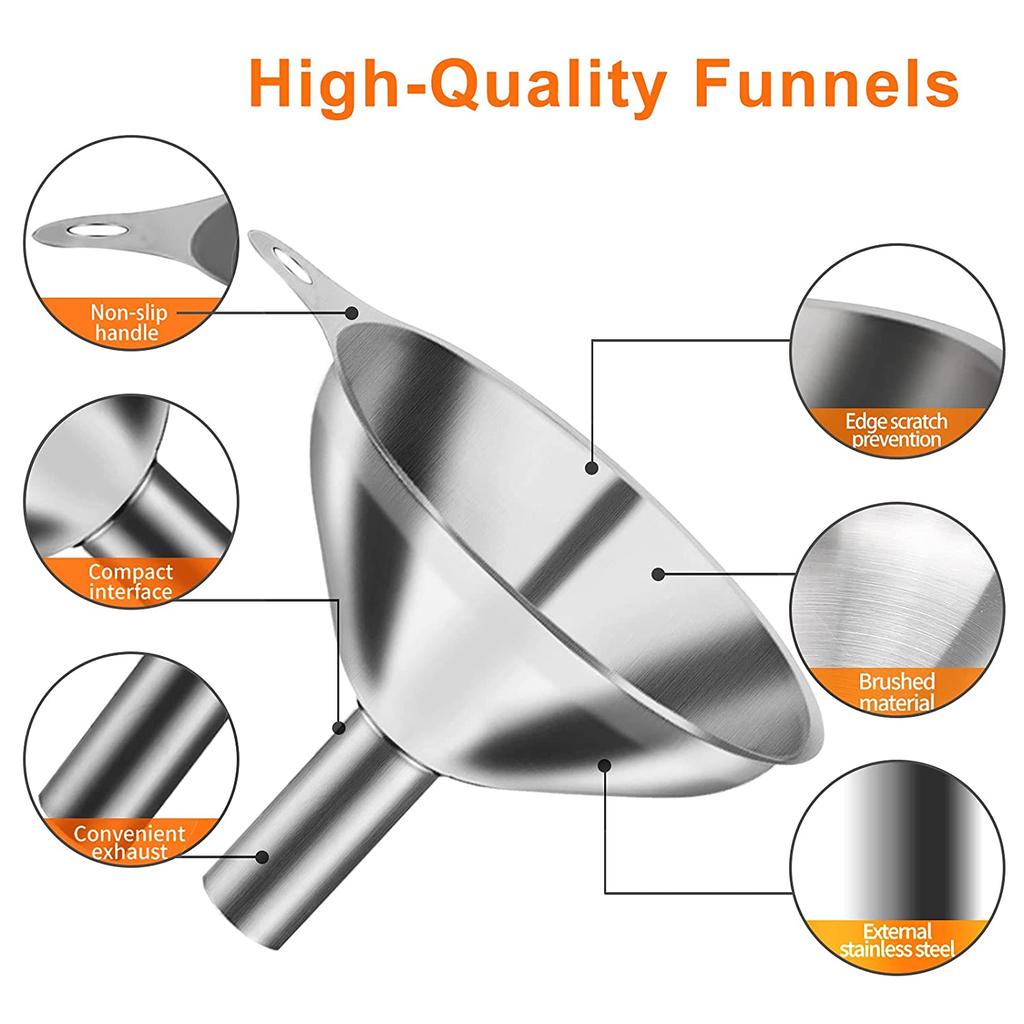 Kitchen Stainless Steel Funnel Set with Brushes (6pcs) by HitMyNeed