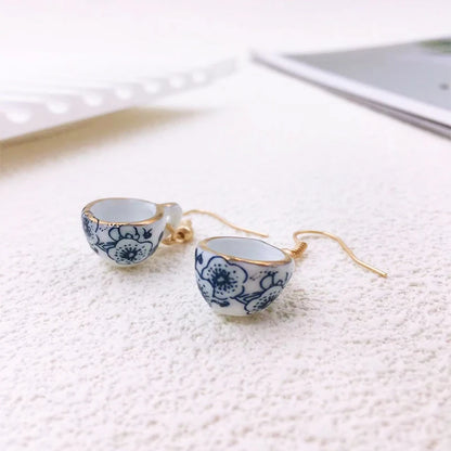 Ladies Blue Floral Teacup Drop Earrings by HitMyNeed