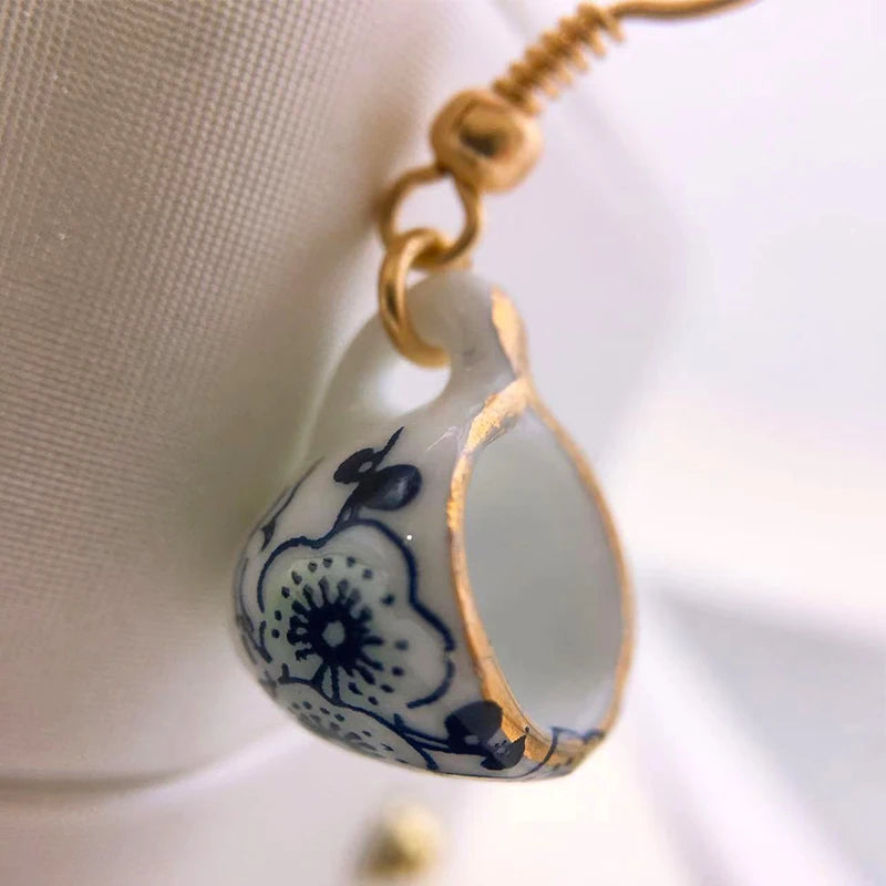 Ladies Blue Floral Teacup Drop Earrings by HitMyNeed