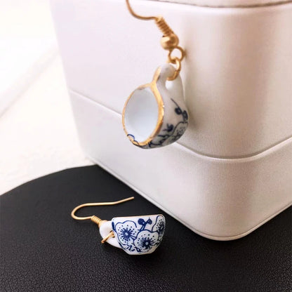 Ladies Blue Floral Teacup Drop Earrings by HitMyNeed