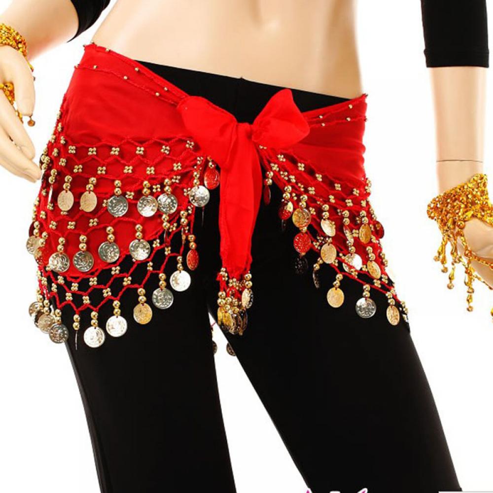 Ladies Chiffon Belly Dance Coin Hip Scarf Skirt red by HitMyNeed