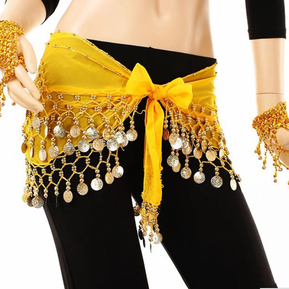 Ladies Chiffon Belly Dance Coin Hip Scarf Skirt yellow by HitMyNeed