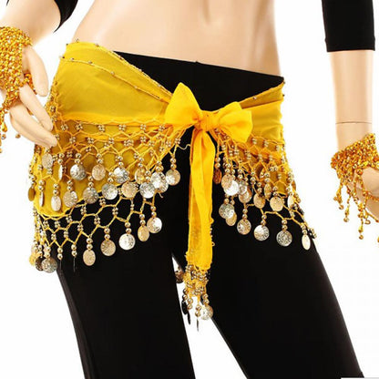Ladies Chiffon Belly Dance Coin Hip Scarf Skirt yellow by HitMyNeed