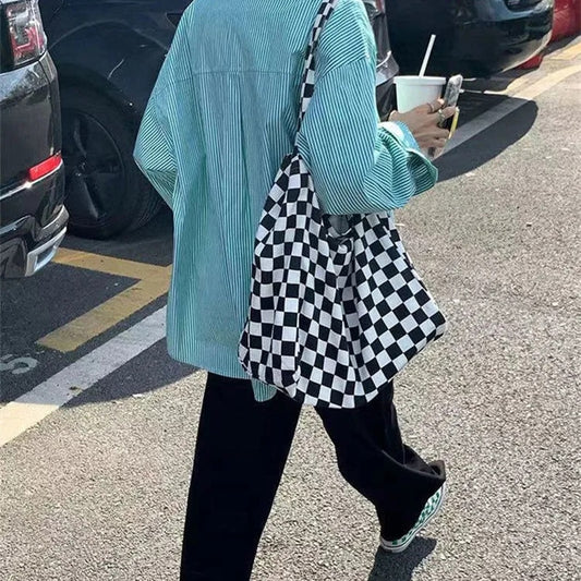 Large Checkered Nylon Tote Bag - Black and White by HitMyNeed