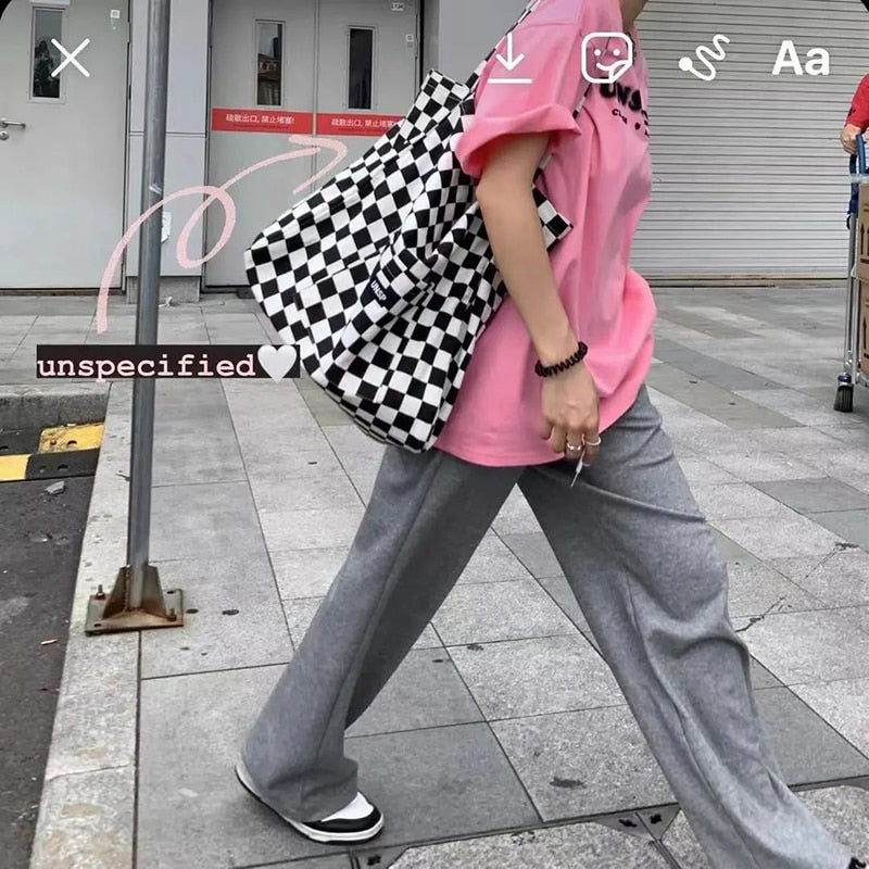 Large Checkered Nylon Tote Bag - Black and White by HitMyNeed