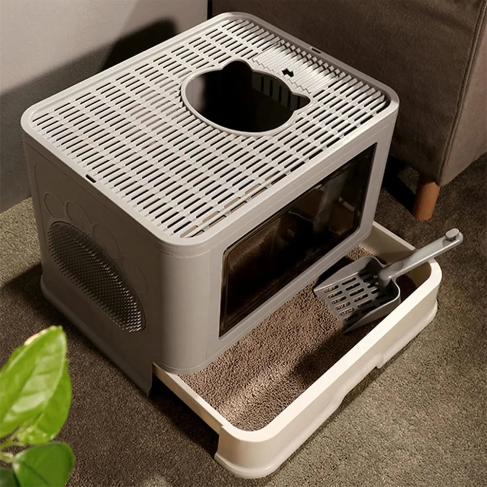Large Hooded Top Entry Cat Litter Box with Drawer by HitMyNeed