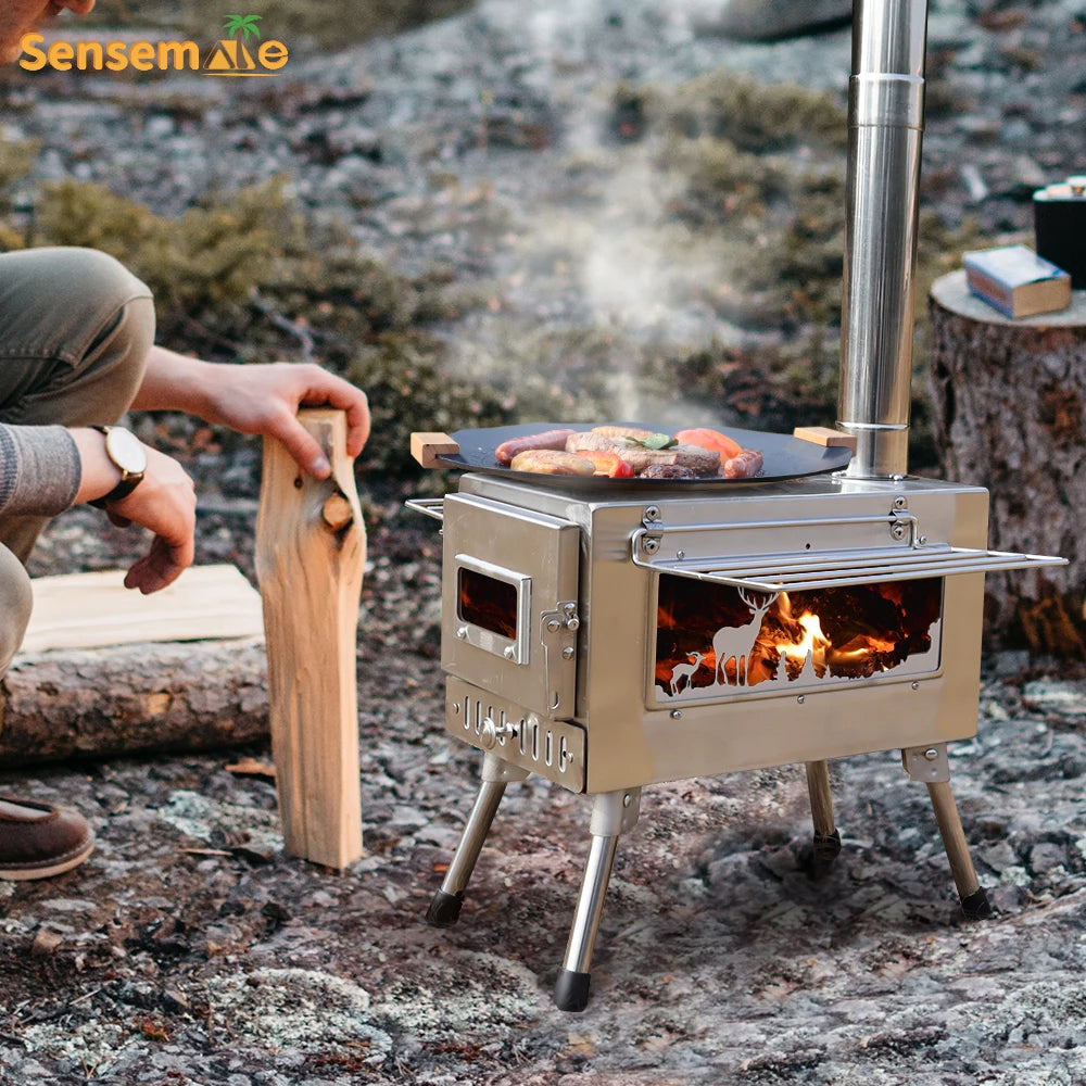 Large Portable Wood Tent Stove with Window Pipe by HitMyNeed