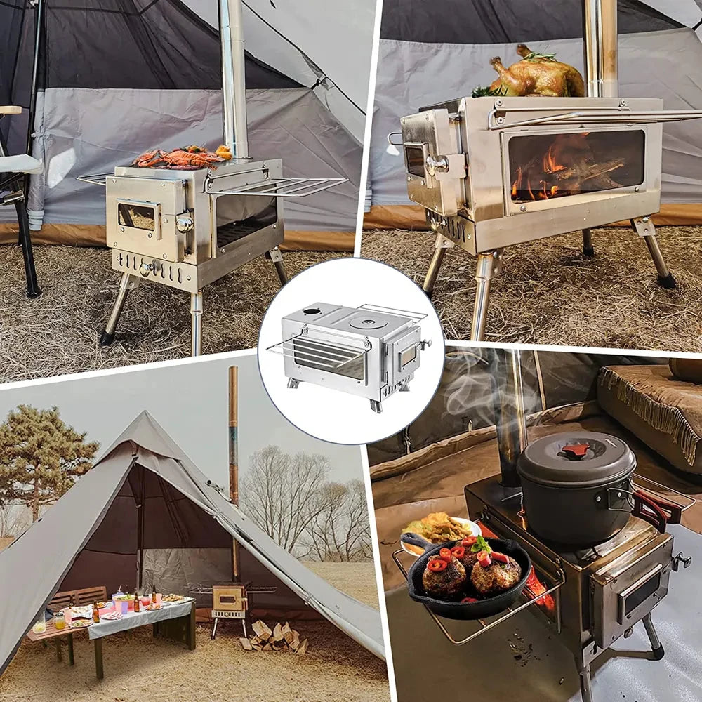 Large Portable Wood Tent Stove with Window Pipe by HitMyNeed
