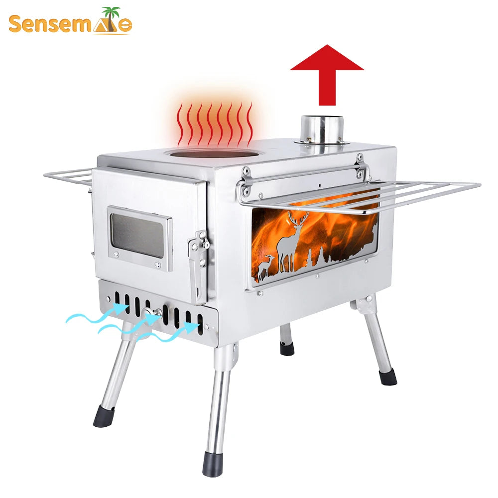 Large Portable Wood Tent Stove with Window Pipe by HitMyNeed